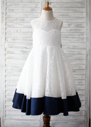 Ivory Lace Navy Blue Trim V Back Big Bow Knee Length Flower Girl Dress  